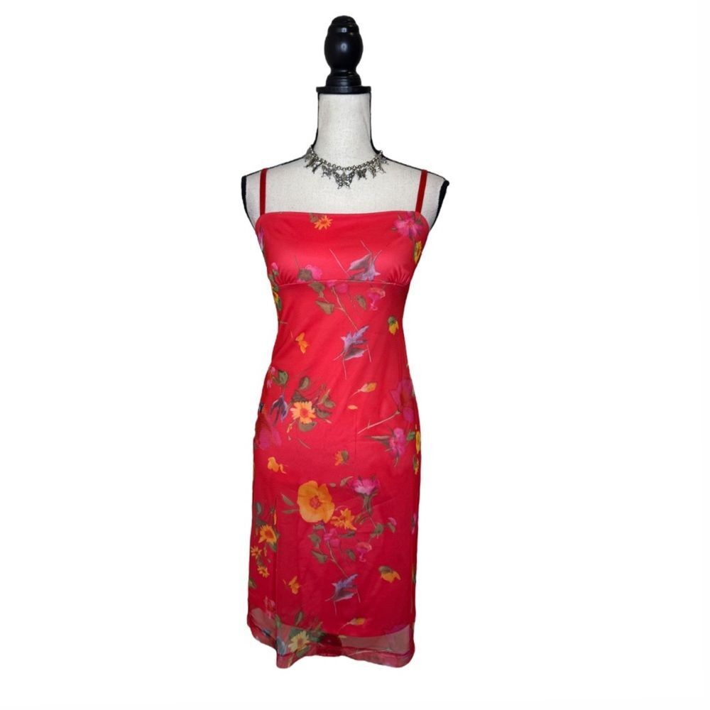 Y2K Necessary Objects Red Mesh Floral Midi Dress Size Medium